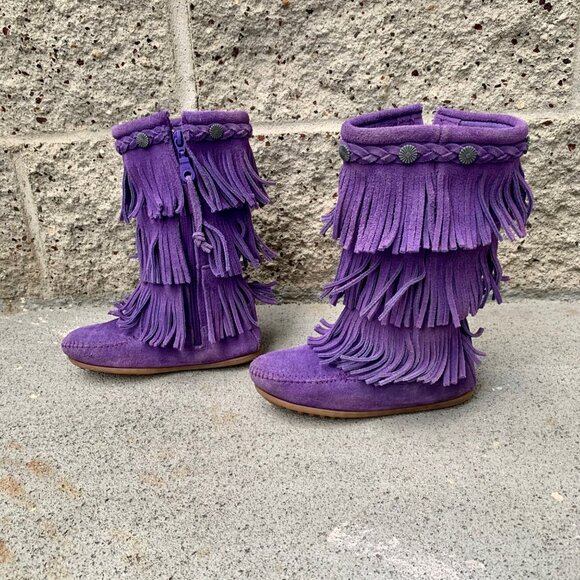 MINNETONKA Purple Fringe Boots Girls 12 Purple Toddler Girl Boho Moccasin Boot - Picture 3 of 11